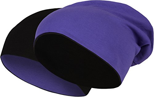 2 in 1 Wendemütze - Reversible Slouch Long Beanie Jersey Baumwolle elastisch Unisex Herren Damen Mütze Heather in 24 (8) (Black/Purple)