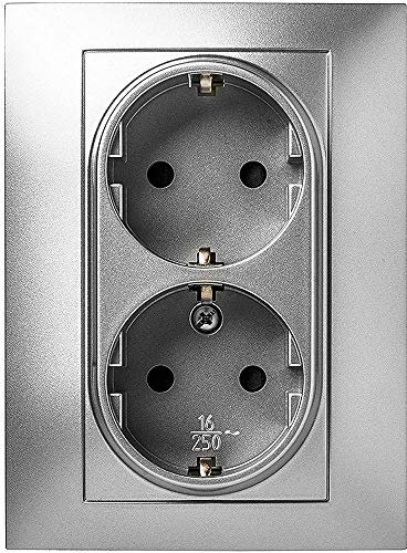 FAMATEL – Doble base | Enchufe de empotrar | Serie Habitat 15 | Fácil instalación | Alta estanqueidad del producto | Libre de hálogenos | Protección Infantil | TT | 16A | 250V | Aluminio