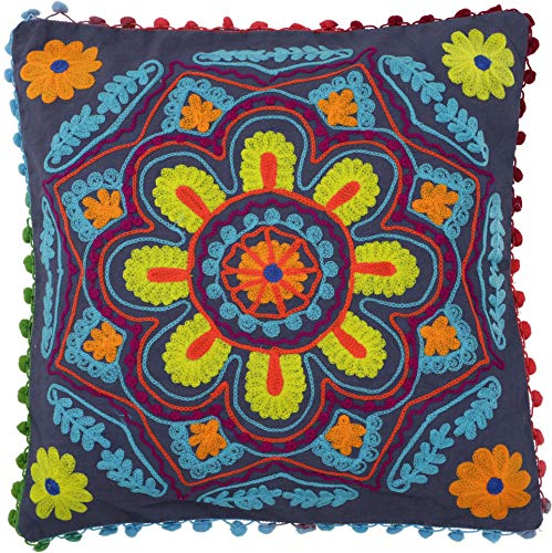 GURU SHOP Boho Kissenhülle, Farbenfrohes Besticktes Folklore Kissen im Mexikanischem Style - Taubenblau/gelb, Baumwolle, 40x40x0 cm