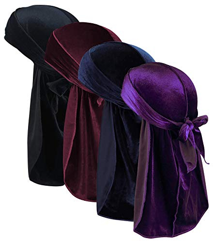 JarseHera Samt-Durags für Herren, Wellen, 2/4 Paar, extra lang, Du-Rag, mehrere Farben, Du-Rags, für Wellen (Durag Velevt-Schwarz + Marineblau + Weinrot + Lila, 4 Paar, Einheitsgröße)
