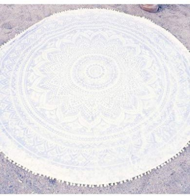 Picknickdecke zum Aufhängen, Strandtuch, Yoga, Hippie, Hippie-Tisch, Mandala, Baumwolle, Wandtuch, Tischdecke, Boho, rund, , indische Picknickdecke mit weißen Pompon-Quasten (Must006, 122 cm)