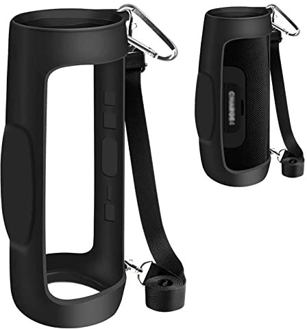 Silikon-Schutzhülle für Charge 4, tragbar, wasserdicht, kabellos, Bluetooth-Lautsprecher, Reisegel, weiche Haut, wasserdichte Gummi-Tragetasche mit Gurt, Schwarz