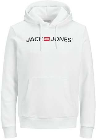 Herren Jack & Jones Corp Logo Sweat Hood Kapuzen Sweatshirt Basic Jumper Reg Fit, Farben:Weiß, Größe Pullover:XXL