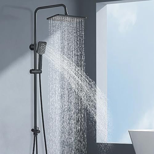 Rozin Duschsystem Set Schwarz Duschset Quadrat Regendusche Duschkopf Handbrause und Schlauch Set Verstellbar 70-117cm Duschstange Duschstange Kit
