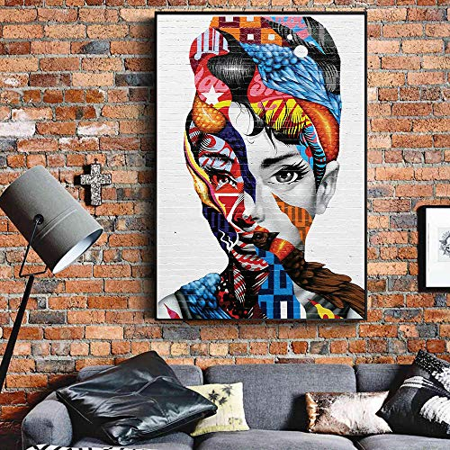 Ling88 Bilder,Poster Kunstdrucke,Frau Porträt Straße Graffiti Wandkunst Bilder Leinwanddrucke Abstrakte Pop-Art Leinwandbilder, Für Wohnzimmer Dekor Für Schlafzimmer Wände Women_50X70Cm