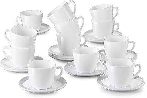 MALACASA, Serie Esmer - Juego de 24 tazas de café de porcelana opal (240 ml, con platillos de 5,5, 12 unidades, para 12 personas), color blanco