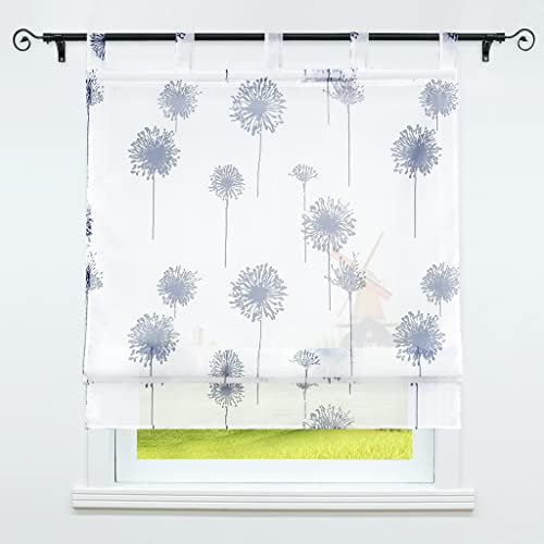 CORLIF Raffrollo mit Schlaufen Raffgardinen Transparent Schlaufenrollo Küche Vorhänge mit Pusteblume Druck Modern Weiß BxH 140x140cm 1 Stück