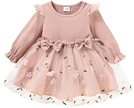Toddler Baby Girls Long Sleeve Tulle Dress Casual Knit Ruffles Party Dress Wedding Dresses Fall Children Clothes Outfits Pink 3-6 Months