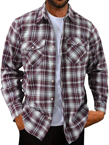 Halfword Checked Shirts Men Flannel Casual Plaid Shirts Cotton Button Down Long-Sleeve Loose-Fit Collared Autumn Winter Red Beige L
