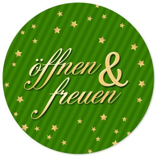 48 Geschenkaufkleber Weihnachten - ÖFFNEN UND FREUEN elegant grün - Weihnachtsaufkleber Aufkleber für Geschenke Etiketten rund 4cm