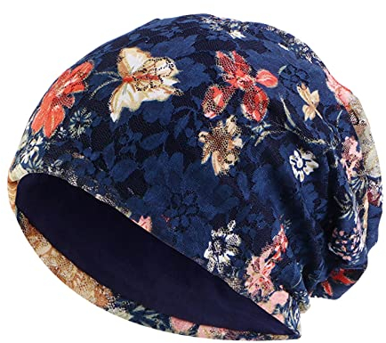 Spitzen Chemo Mützen Damen Sommer Beanie Kopftuch Super Weich Slouchy Turban Kopfbedeckungen Kop Wraps Beanie Mütze Kappe für Haarausfall, Kreb, Chemo Dunkelblau