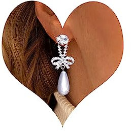 Inateannal Vintage Tropfen Perle Ohrringe - Lange CZ Silber Kristall Bogen Ohrstecker Mit Strass - Brautschmuck Für Frauen Und Mädchen