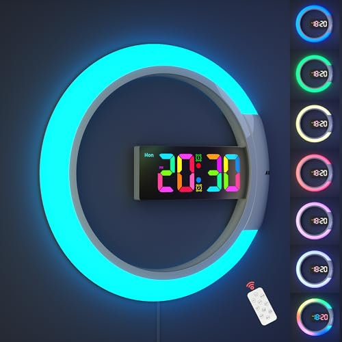 LED Digital Wall Clock Large Display, 12 inch Round Wall Alarm Clock with Remote Conrol RGB Night Light Temperature Dual Alarms Wall Electronic Clocks for Living Room Bedroom Home Office