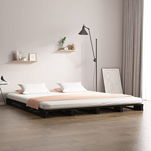 Homgoday Palettenbett schwarz 120x190 cm kleines Doppelbett Holz Kiefer
