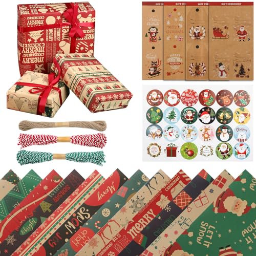 12 Fogli Carta da Regalo Natalizia, Carta Regalo Natalizia Kraft, 50x70CM Carta Pacchi Regalo Natale con 3x10M Spago, 16 Etichette e 24 Adesivi Natalizi, Perfetti per Confezionare i Regali di Natale