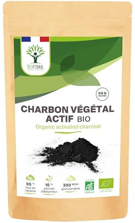 BIOPTIMAL - Charbon Végétal Actif Bio en Poudre - Digestion Santé intestinale - Ingrédient pour Pâtisserie ou Cosmétique - Dents blanches Masque - Fabrication et Origine France - 50g