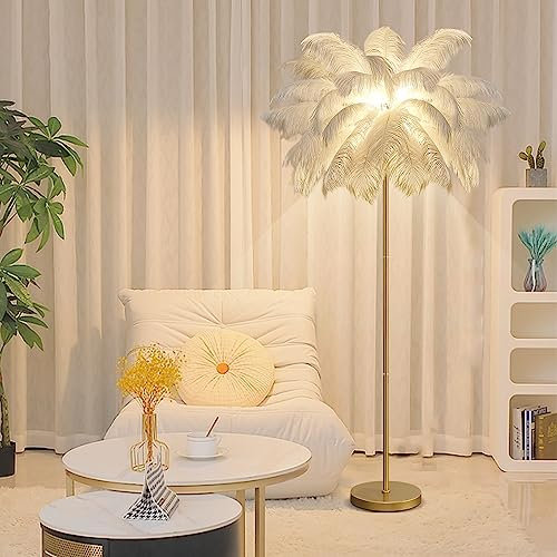 JAMCHE White Feather Floor Lamp Ostrich Feather Lamp 3 Color Temperatures 1.6m Standing Lamp Tall with Foot Switch Golden Lamp Body Tall Lamps for Living Room Bedroom 6 LED Bulb (White)