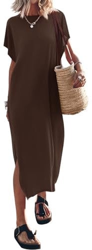 Yousify Women's Summer Maxi Dress T-Shirt Cap Sleeve Crewneck Casual Loose Slit Side Long Beach Vacation Dresses, 06-coffee, XXL
