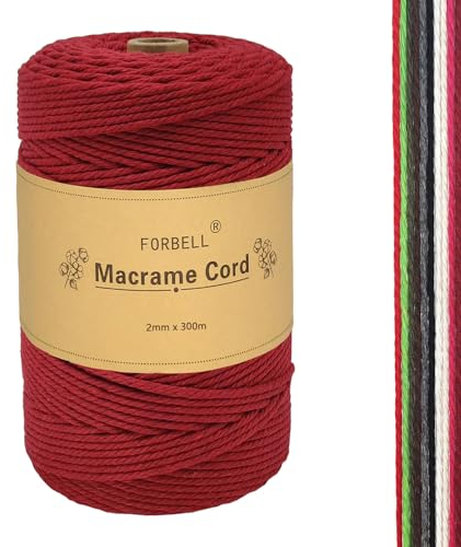 FORBELL Makramee Garn, 2mm x 300m Premium Baumwollgarn, DIY Handwerk (Bordeaux Rot, 2 mm x 300 M)