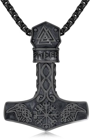 Twoowl Mjolnir Necklace Sterling Silver Black Gold Viking Compass Pendant Thor Hammer Necklace Raven Necklace Norse Runes Vegvisir Amulet Jewellery Gifts for Women Men