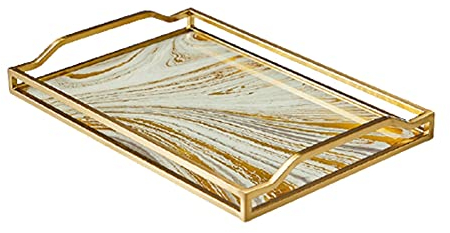 Bandeja para Mesa de Centro Bandeja de servir y plato, marco dorado rectangular con mango y espejo de cristal Bandeja de bocadillo, bandeja de desayuno, decoración de granja con estilo Sirviendo plato