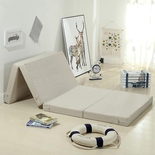 XXIUDEE Klappmatratze für Erwachsene, mit abnehmbarem Bezug, tragbare Bodenmatratze, Gästebett-Matten für Reisen, Camping, Schlafzimmer-Matratze, Bett in einer Box (200 x 60 x 5 cm, Beige)