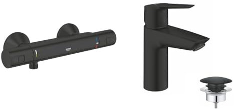 GROHE Precision Start Mitigeur Thermostatique Douche, Economie d'eau, Butée de Sécurité, Noir mat, 345942430 & Start Mitigeur Monocommande Lavabo, Taille S, Economie d'Eau, Noir Mat, 235502432