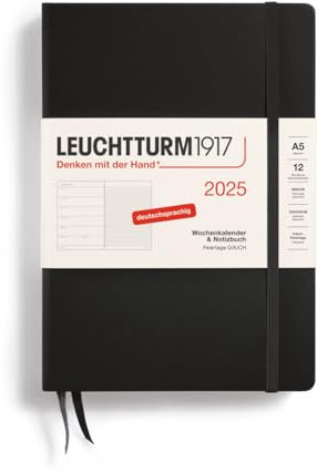 LEUCHTTURM1917 370483 Wochenkalender & Notizbuch Medium (A5) 2025, Schwarz, Deutsch
