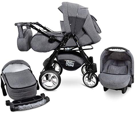 GaGaDumi Urbano Kinderwagen 3 in 1 Komplettset mit Autositz - Baby Stroller 3 in 1 TÜV - Kombikinderwagen 3 in 1 Komplettset Voll-Gummireifen - Grau Jeans