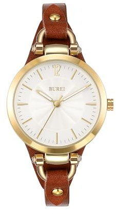 BUREI Uhr Demen Elegante Lederarmband Armbanduhr Damen Klassisch Analog Quarz Damenuhr Frauen(Gold braun)