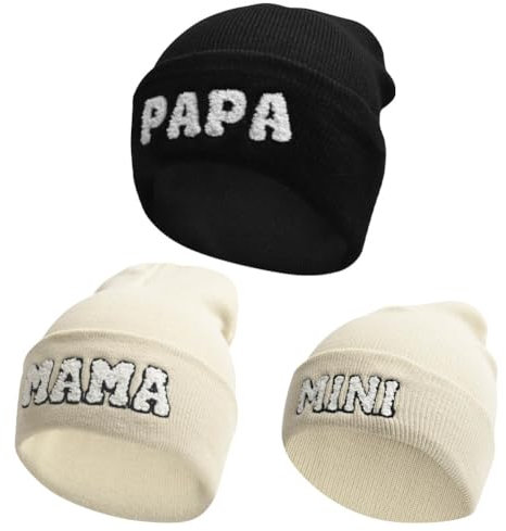 ZUYYON 3 Stück Eltern-Kind-Mütze, Motiv: Mama Papa, Mini-Stickerei, Strickmütze, Winter, warme Bündchen, passende Familienmütze, schwarz, weiß, Einheitsgr��e