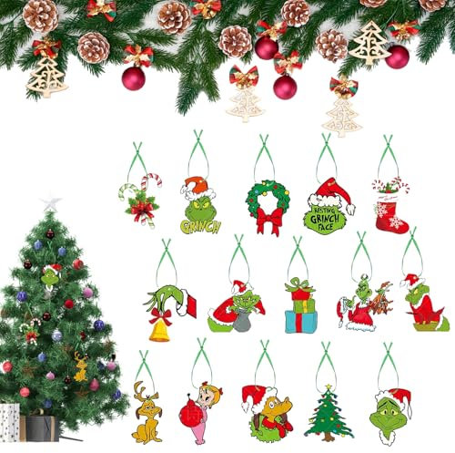 Decoraciones Navideñas de Grinch,15 Piezas Grinch Decoraciones de Arbol de Navidad,Adornos para árbol de Navidad de Grinch,Adorno de Navidad Grinch para Colgar en Papel,Adornos de Grinch Colgantes