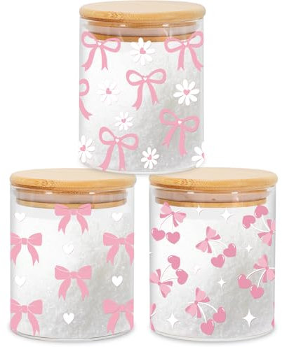 JarThenaAMCS 3 Pcs Pink Bow Glass Storage Jars with Airtight Lid Cute Bow Cherry Floral Decorative Canisters Sets for Valentine's Day Home Kitchen Countertop