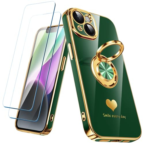 Nonional Compatible for iPhone 14 Case with 2 Pack Screen Protector, 360° Rotatable Ring Holder [Luxury Hearts Pattern] Plating Gold Edge Slim Soft Phone Cover Case for iPhone 14 - Green