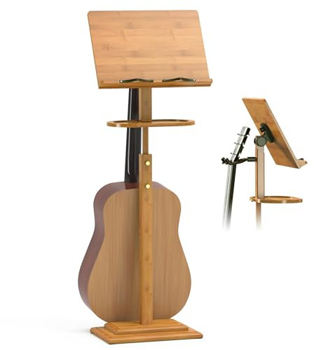 Notenständer für Notenblätter – Bambus-Notenständer mit Tablett, Gitarrenclip, hölzerner Noten-Organizer, höhenverstellbar 100 - 130 cm, für Dirigenten, Rednerpult, Violine, Klavier, Ukulele-Spieler