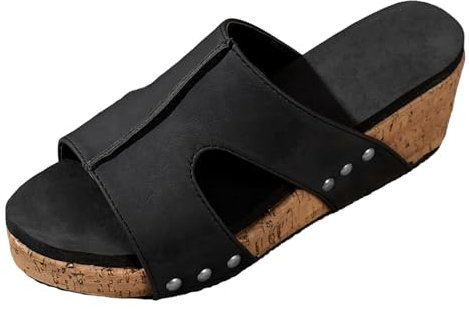 Sandalias de cuña para mujer, sandalias de plataforma con correa de corcho, sandalias de playa, sandalias con cordones, Black, 40 EU