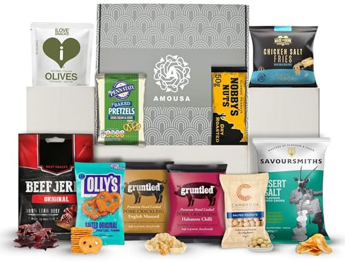 Pub Snacks Hamper with 10x savoury snacks Including Pork Scratchings, Nuts, Pretzels, Crisps, Olives & Beef Jerky – Pork Scratching Gift set, Snacks Gifts, Hampers for Men