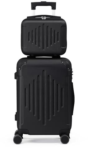 LALAHO Set de 2 Valises avec Vanity Case, Grande Taille, Valise Cabine, Petite, ABS avec Coins Renforcés, roulettes Pivotantes 360°, Cadenas et Poignée Télescopique (Noir)