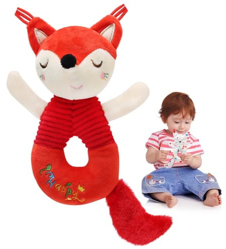 BelleStyle Greifling Baby mit Rassel, Motorikspielzeug Babyrassel Spielzeug für Neugeborene 0-6 Monate, Plüschtier Kuscheltier Babyspielzeug Geschenk für Babys Kleinkinder ab 0+ Monaten - Fuchs