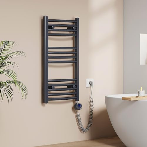 EMKE Sèche-Serviettes électrique avec Thermostat, 750 x 400 mm, radiateur de Salle de Bain courbé électrique, Chauffe-Serviettes, Porte-Serviettes électrique, Anthracite, 250 W