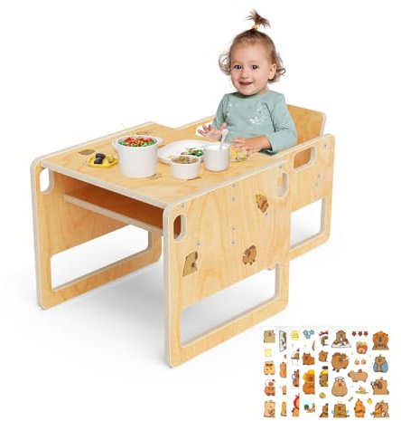 Brolteja Children's feeding table and chair set, Montessori wooden children's table, game table with storage space, suitable for children to read, play and eat