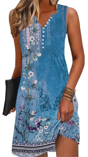 GRMLRPT Abito da Donna Estivo Abiti da Spiaggia Bohémien retrò con Scollo a V Abiti al Ginocchio Senza Maniche Stampa Floreale Tuniche Casual(Multicolore,S-XXL)