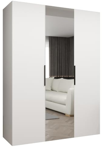 MEBLE KRYSPOL - Kleiderschrank mit Spiegel - Drehtürenschrank - Schrank 150x202x52cm - Garderobenschrank Schlafzimmer, Flur, Jugendzimmer - Farbe Weiß, Griff Schwarz - Marbella 2 150