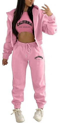 dalamirra Damen Hooded Trainingsanzug Casual Sportsuits Set Jogging Anzug Yoga Outfit 3-teiliger Sport Freizeit Anzug Sportswear Langarm Kapuzenjacke Crop Top und Jogging Bottoms mit Taschen