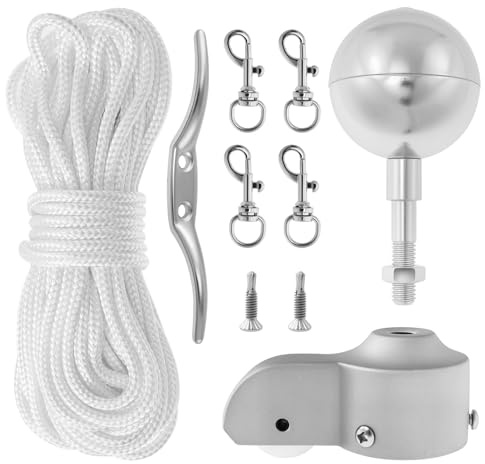 PEIZHIYC Fahnenmast Zubehör Set, Wetterfest Fahnenmast Reparaturset mit Seilrolle, Kugel Spitze, 15m Nylonseil, Befestigungsbolzen, Schraube, Karabiner und Klampe