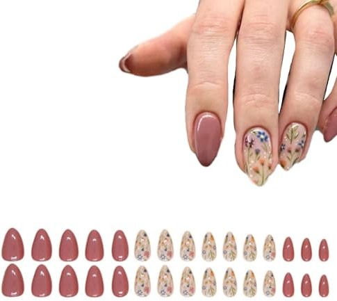 30 Pcs Almond Press on Nails, Reusable French Elegant Almond Flowers Short Fake Nails, Removable Acrylic Pink Floral Summer Nail, Glossy Gel Stick on Nail for Women Summer Decoration.