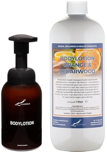 Seifenspender 300ml Bernstein braun nachfüllbar + 1 Liter Bodylotion Orange & Cedarwood Nachfüller - Druckflasche
