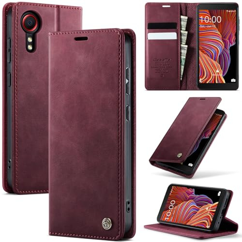 Cracedily Handyhülle für Samsung Galaxy Xcover 5 Hülle Premium PU Leder Klappbar Stoßfeste Tasche Flip Case [RFID Blocker] Magnet Kartenfach Standfunktion Klapphülle Schutzhülle für Xcover 5, Rot