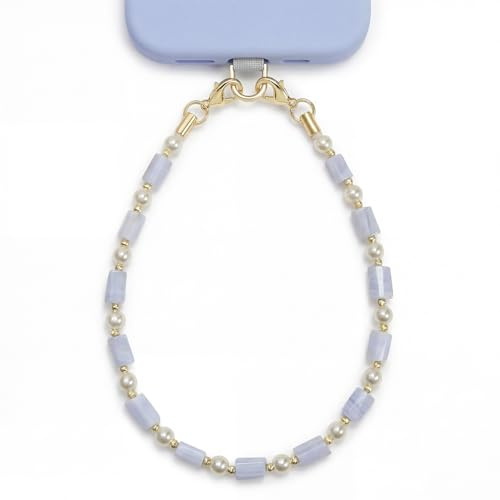 Posadina Handykette aus Naturstein, Handmade kurzer Handyanhänger mit Perlen, Beaded Handyband Phone Charm mit passgenauer Lasche