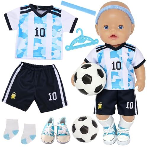 Puppenkleidung für 35-43cm Baby Puppen, 7 Stück Fußball Puppenkleidung Outfit, Hemd, Shorts, Stirnband, Socken, Turnschuhe, Aufblasbarer Fußball, Puppenkleidungsset für Geburtstagsgeschenk Kinder